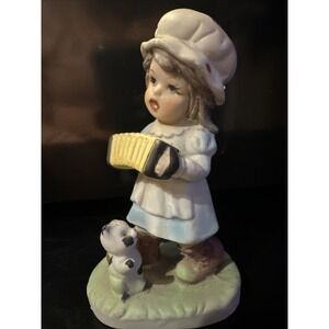 Porcelain Figurine Little Girl Playing Concertina Accordion with Kitten 4 3/4" t